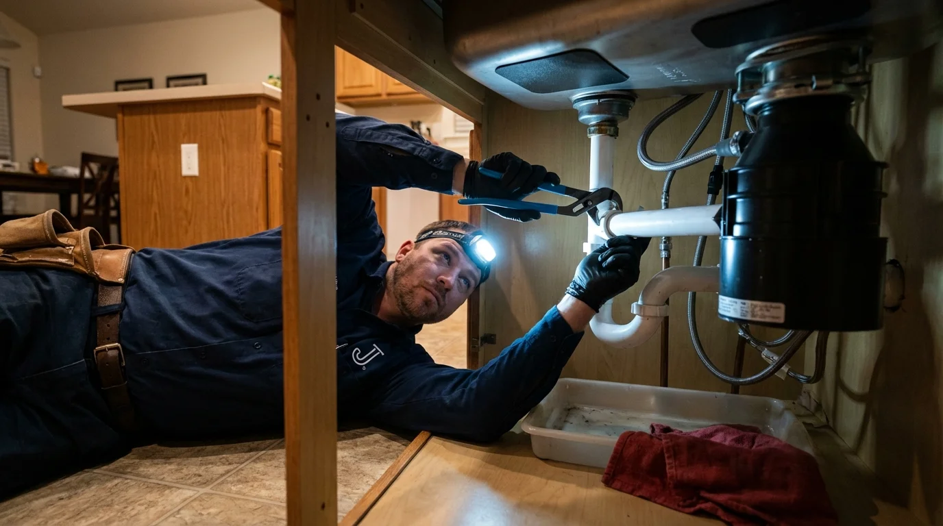 P-trap and supply line connections under a kitchen sink showing a common leak point in Lewisburg, PA